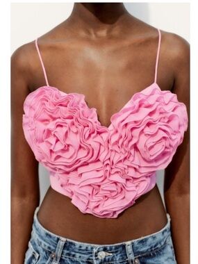 ZARA Pink Ruffle Heart Crop Top Cami Tank